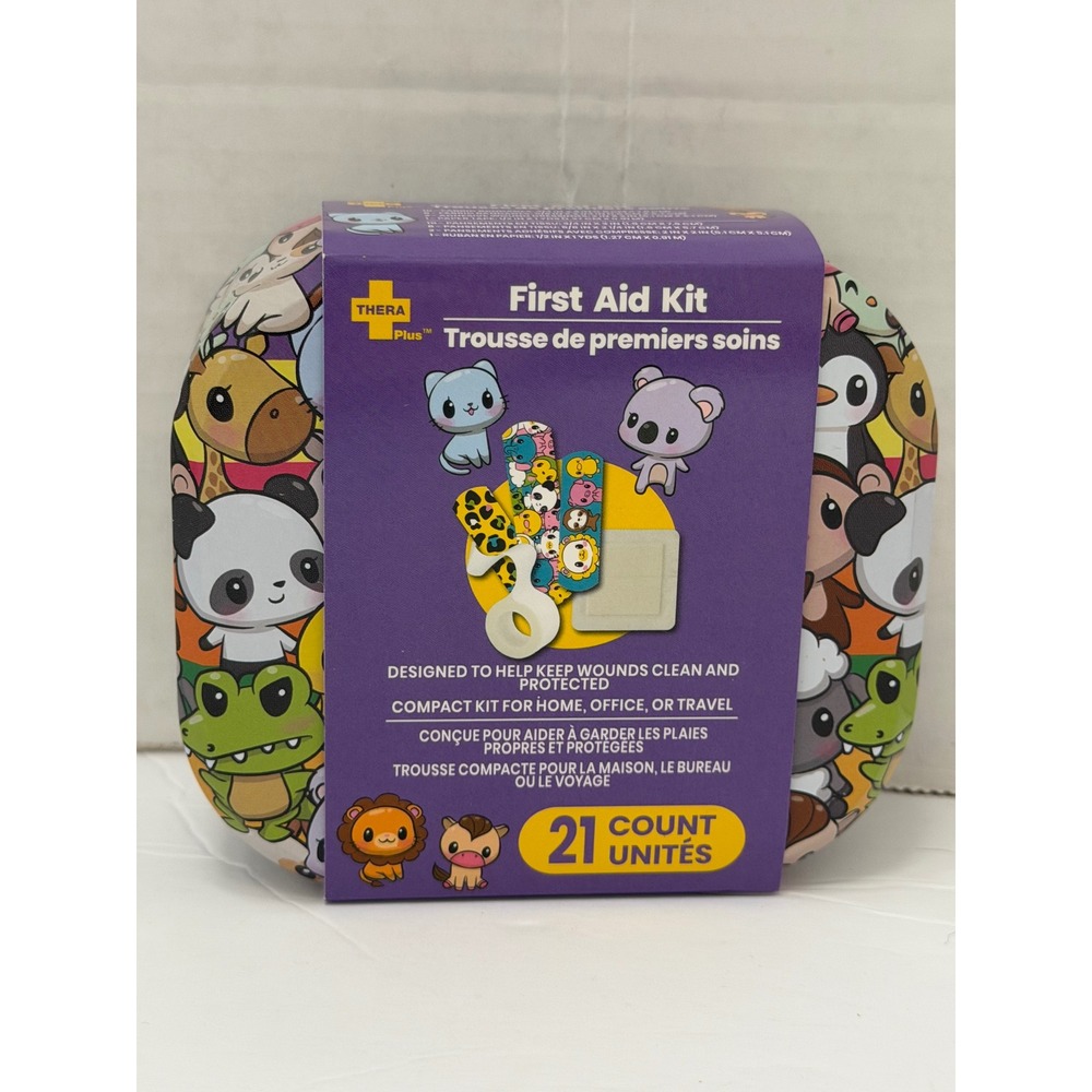 Thera Plus First Aid Kit 21 Count Cartoon Animal Print Reusable Tin Travel Size